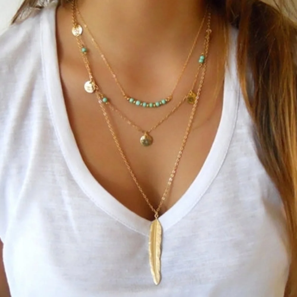 Gold Tone Layered Feather Necklace